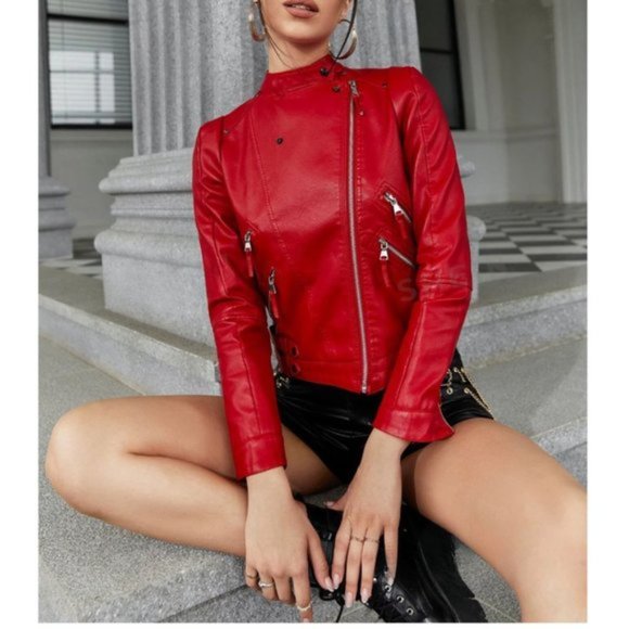 Zip up vegan Leather Moto Jacket Red - Picture 4 of 6